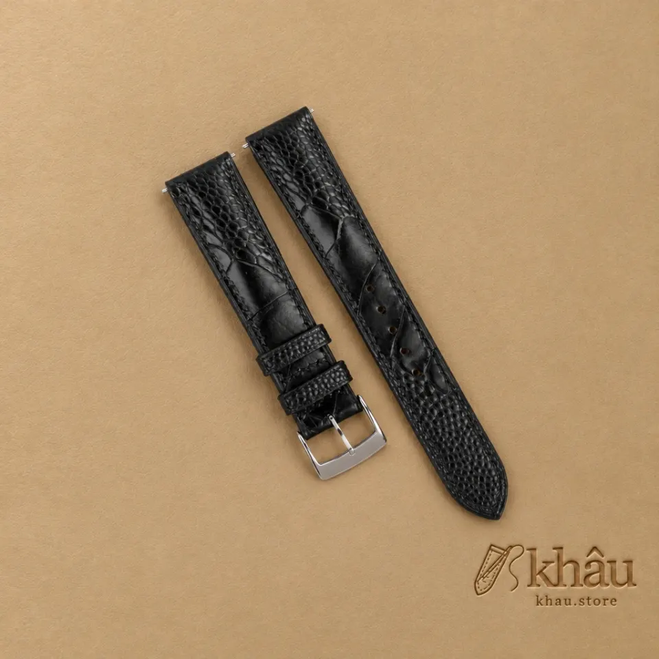 Curved End Black Ostrich Leg Leather Watch Strap — front view