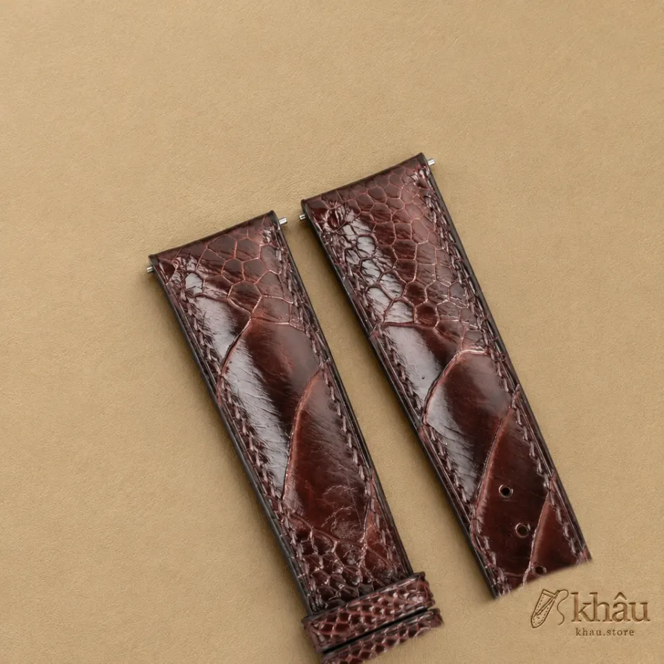 Curved End Dark Brown Ostrich Leg Leather Watch Strap — additional view