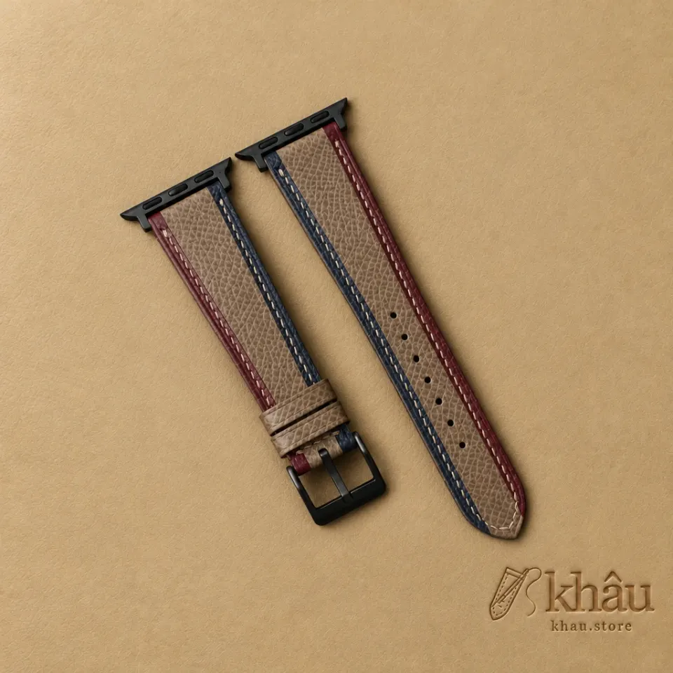 Tricolor Taupe Epsom Leather Apple Watch Band — front view