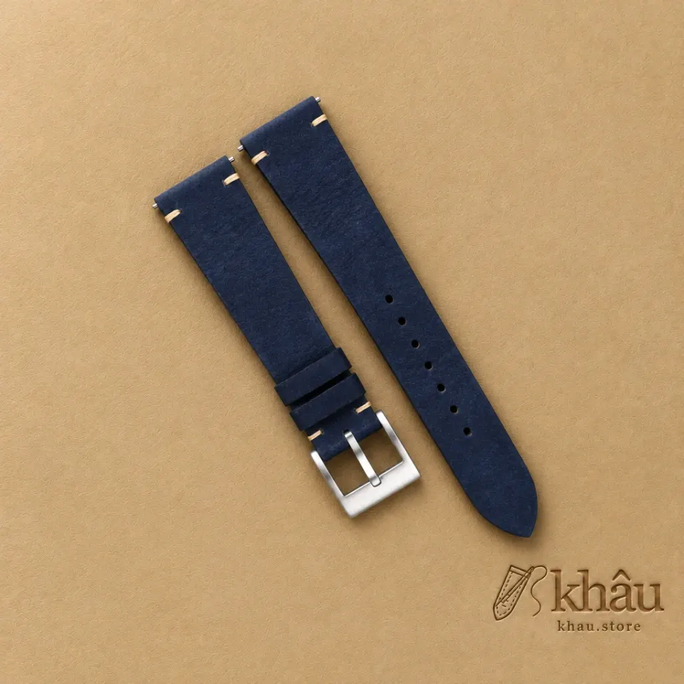 Vintage Navy Nubuck Leather Side-Stitch Watch Strap — front view