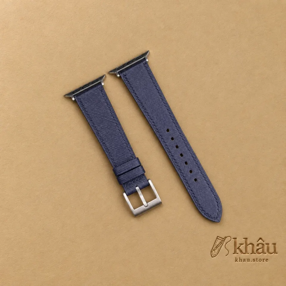Navy Saffiano Leather Apple Watch Band — front view