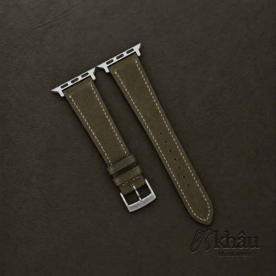 Olive Vachetta Leather Apple Watch Band — front view