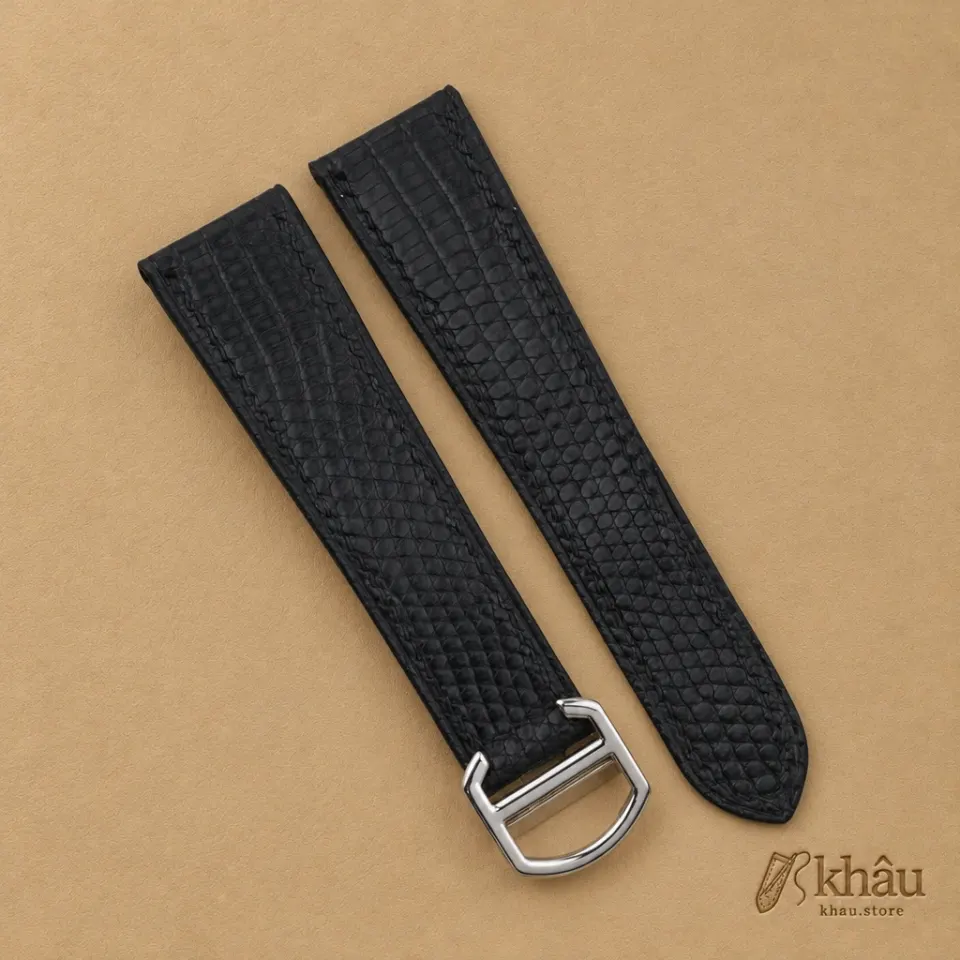 Black Lizard Leather Single Folding Watch Strap — front view