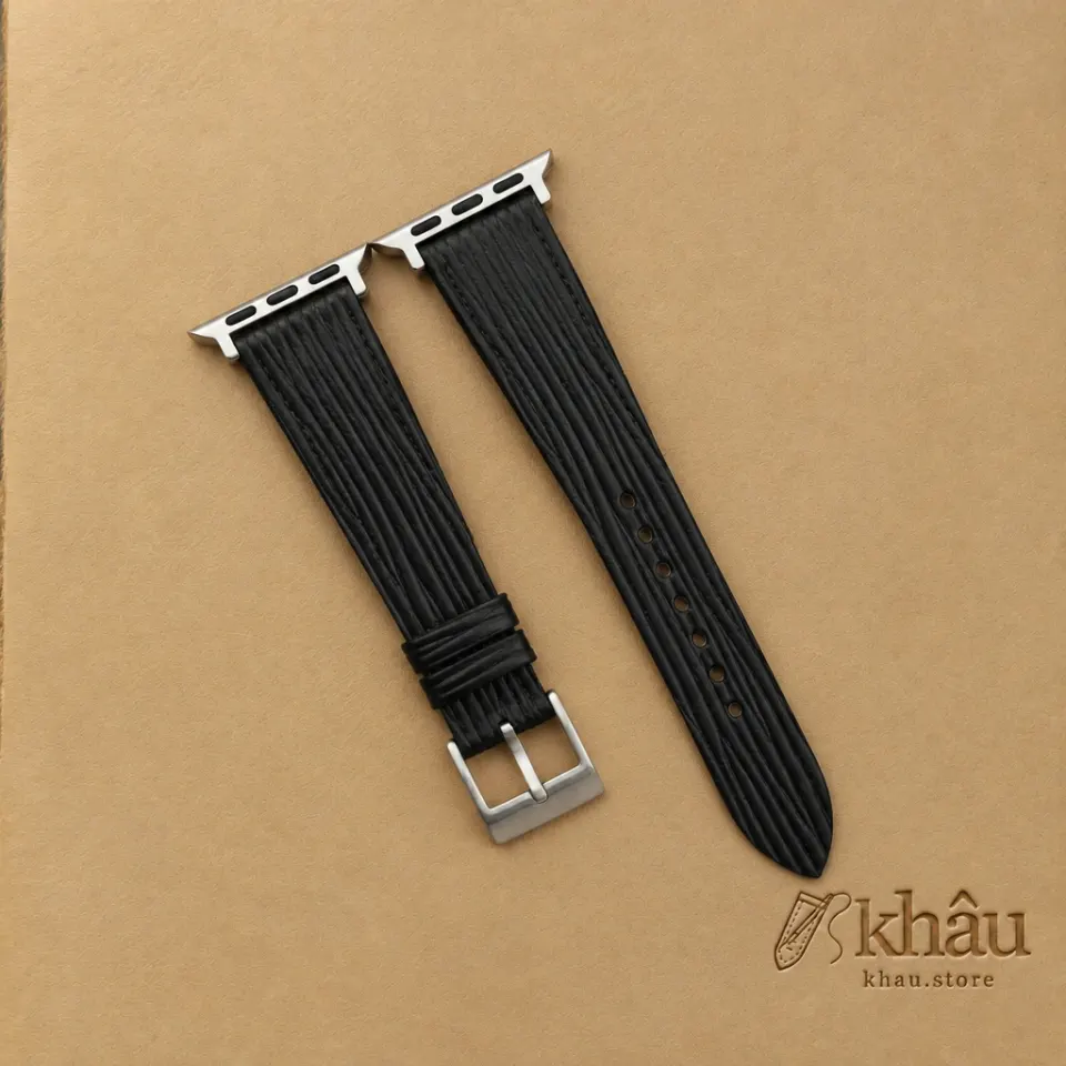 Black Calfskin Apple watch band – Waves Texture — front view