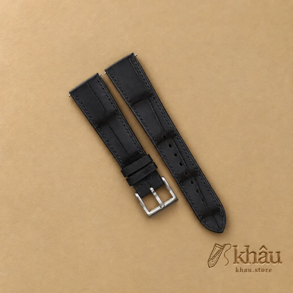 Nubuck Black Alligator Leather Watch Strap — front view
