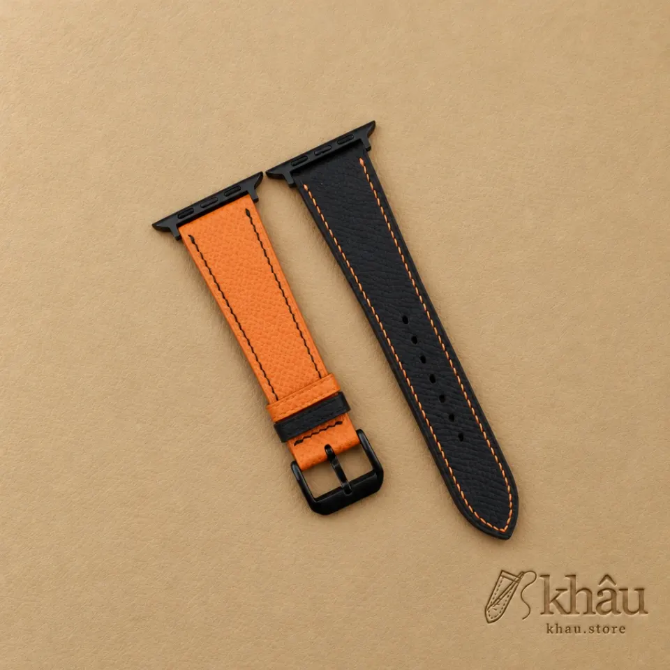 Black Orange Epsom Calf Leather Apple Watch Band — front view
