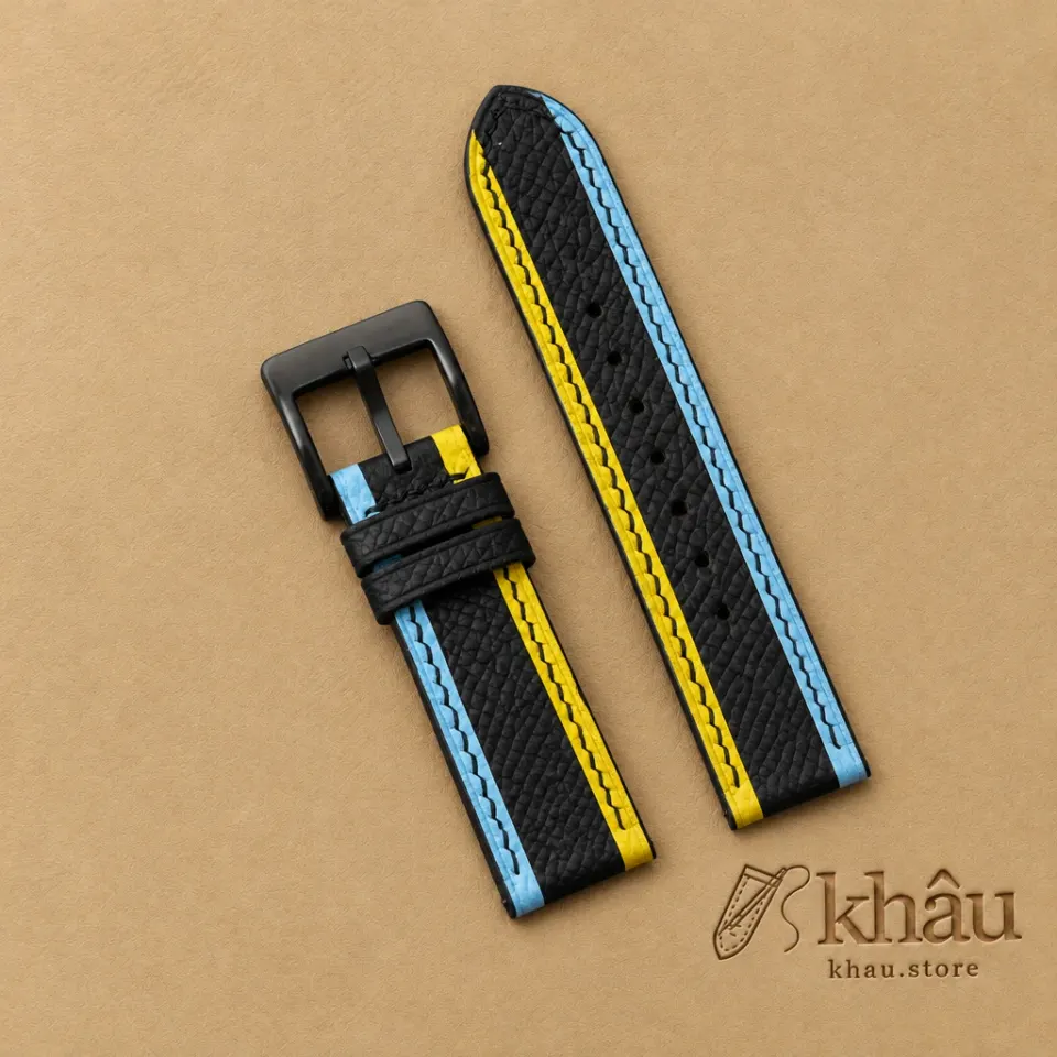 Tricolor Black Epsom Leather Watch Strap — detail view