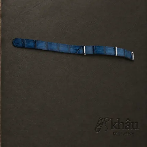 NATO Patina Blue Alligator Lining Bordeaux Alligator Round Scales Leather Watch Strap — front view