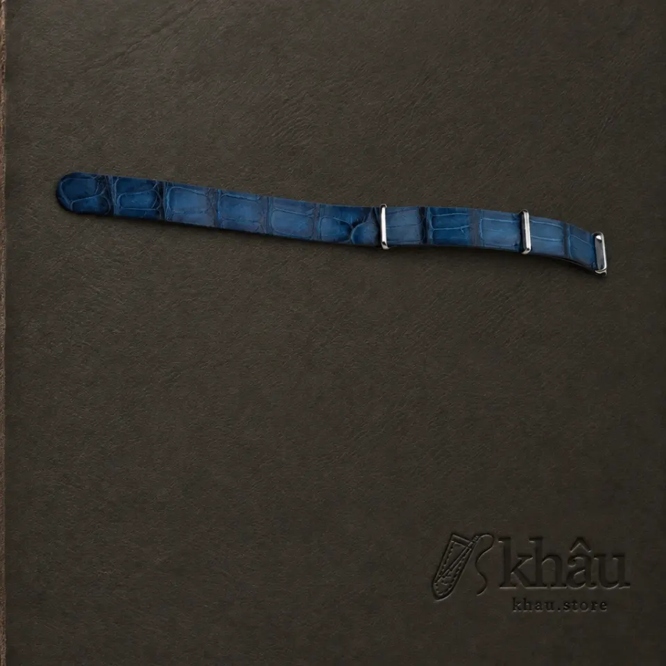 NATO Patina Blue Alligator Lining Bordeaux Alligator Round Scales Leather Watch Strap — front view