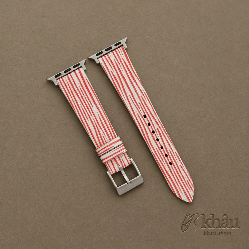 Red White Calfskin Apple watch band – Waves Texture — front view