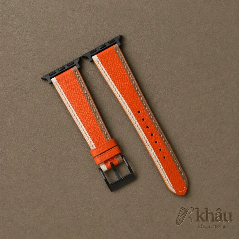 Tricolor Orange Epsom Leather Apple Watch Band — front view