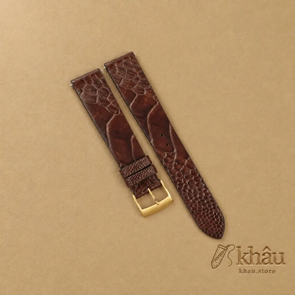 Vintage Dark Brown Ostrich Leg Leather Watch Strap — front view