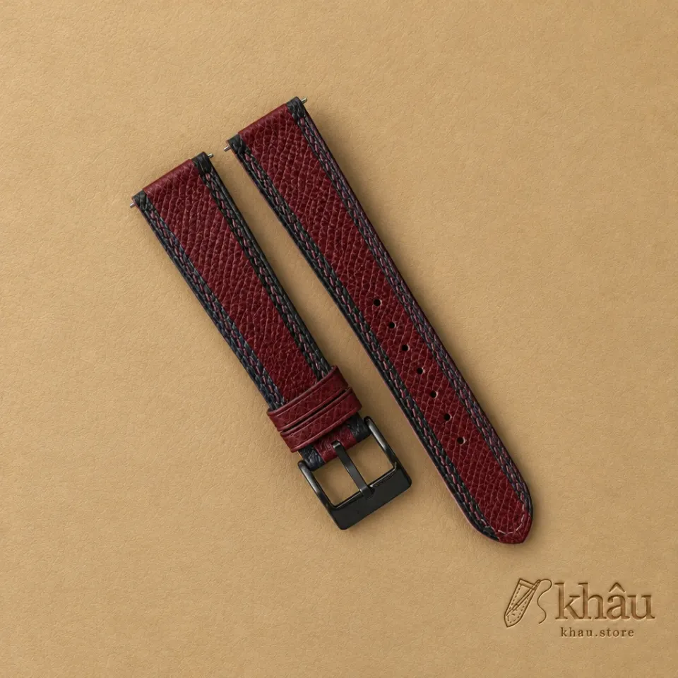 Tricolor Burgundy Epsom Leather Watch Strap — front view