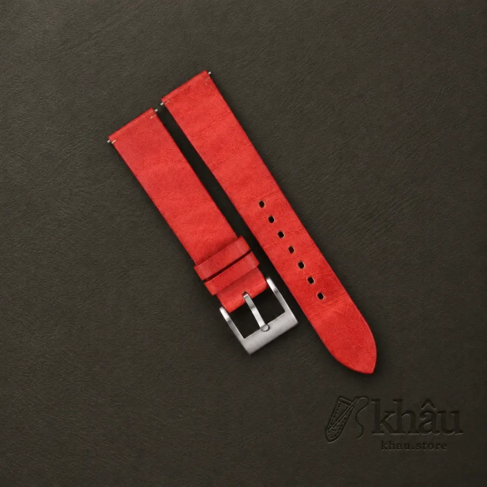 Vintage Red Maya Vegetable Tanned Calfskin Leather Slim Watch Strap — front view