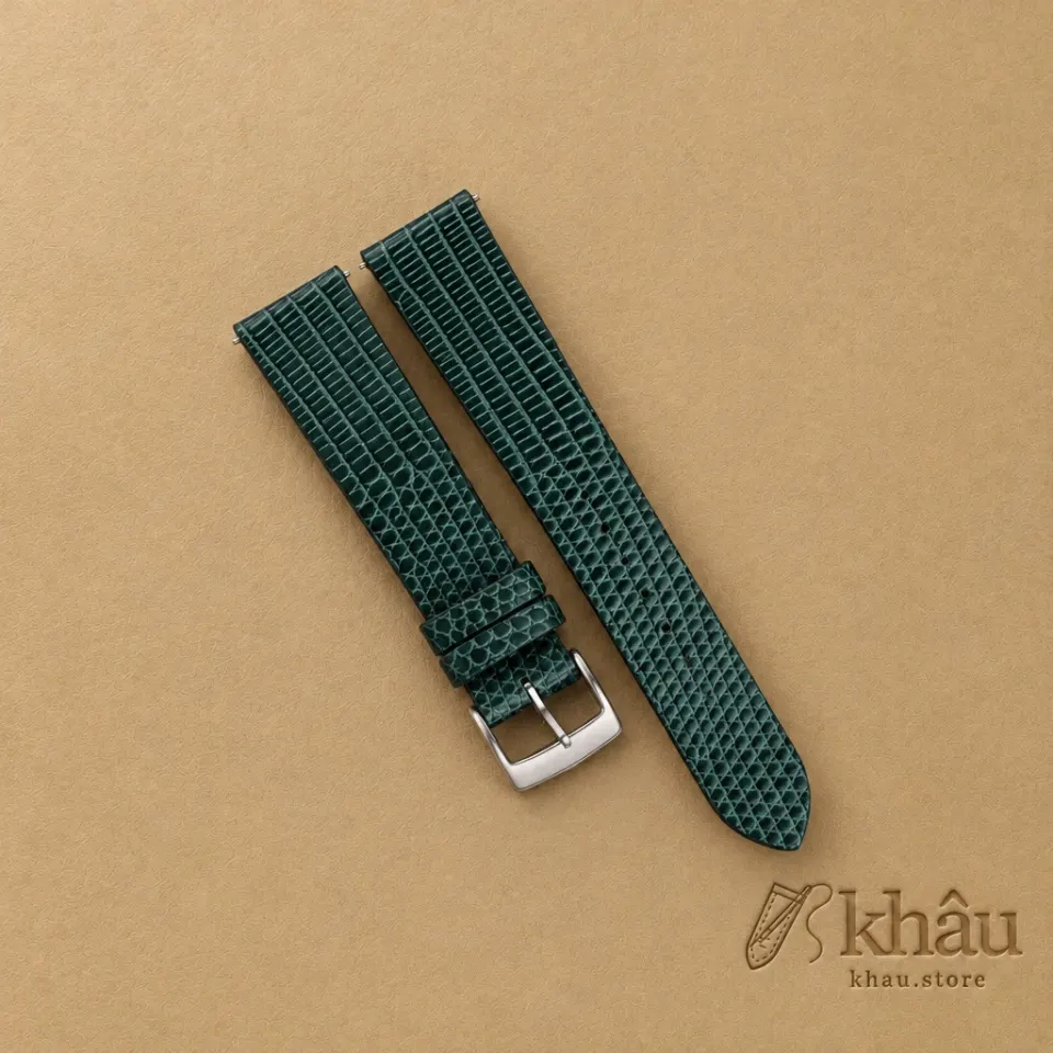 Vintage Dark Green Lizard Leather Watch Strap — front view