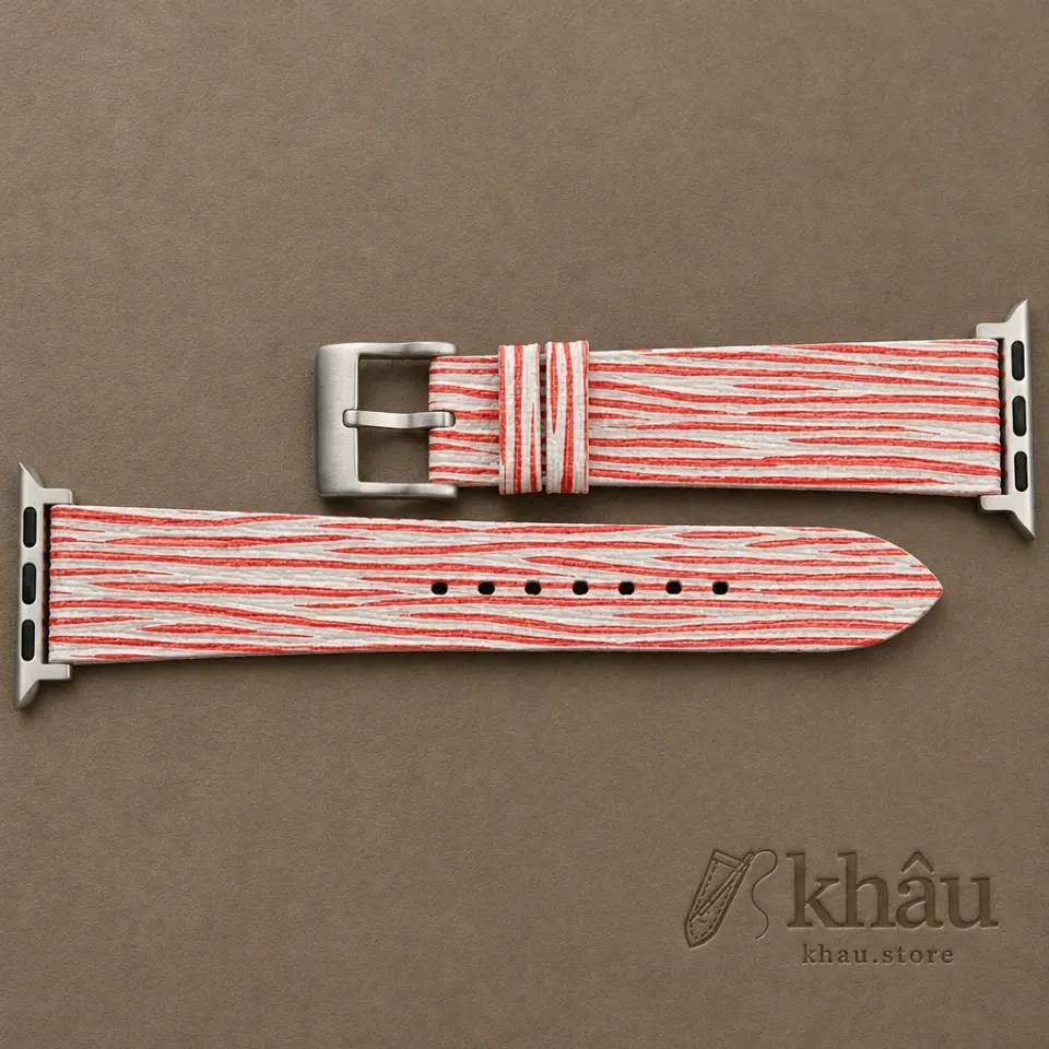 Red White Calfskin Apple watch band – Waves Texture — additional view