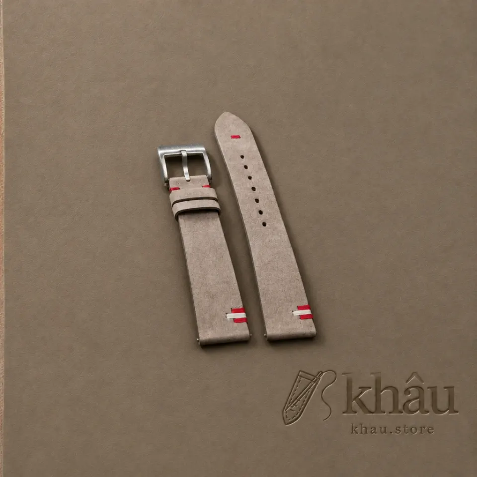 Pastel Nude Nubuck Leather Austria Flag Watch Strap — front view