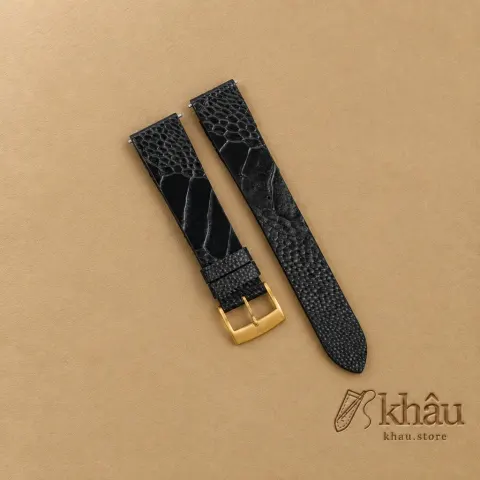 Vintage Black Ostrich Leg Leather Watch Strap — front view
