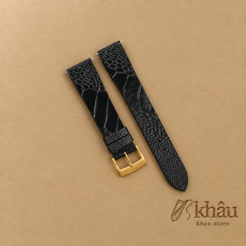 Vintage Black Ostrich Leg Leather Watch Strap — front view