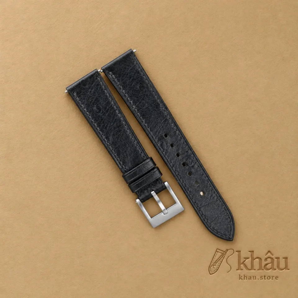 Black Ostrich leather Watch Strap — front view