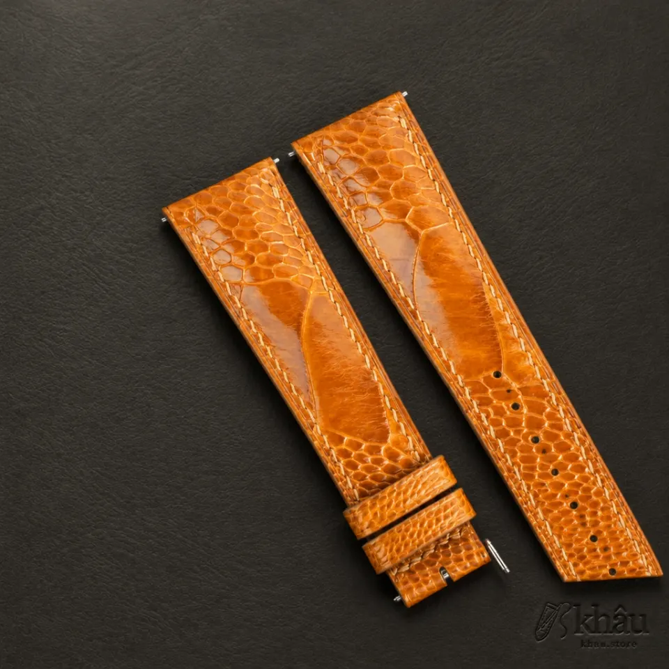 Curved End Cognac Ostrich Leg Leather Watch Strap — additional view