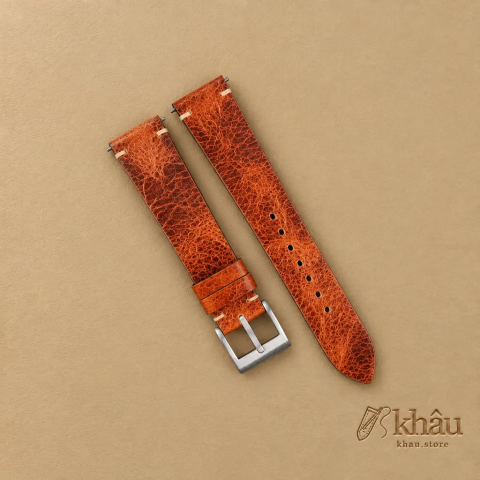 Vintage Dark Brown Waxed Leather Side-Stitch Watch Strap — front view