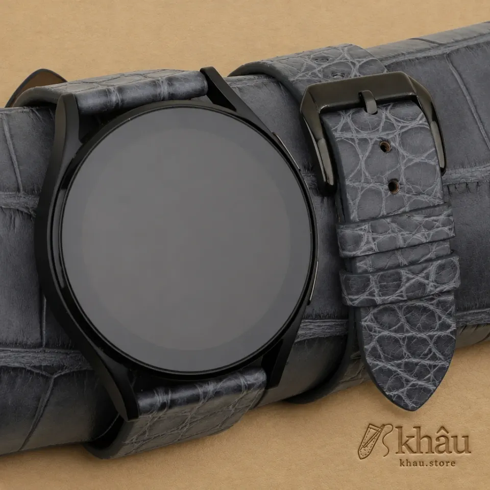 Vintage Stone Grey Alligator Round Scales Leather Samsung Watch Band — front view