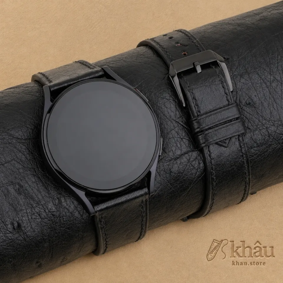 Black Ostrich Leather Samsung Watch Band — front view