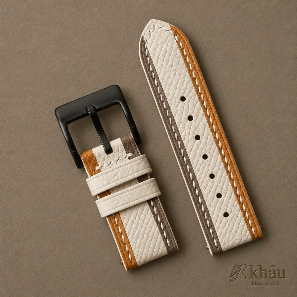 Tricolor Sesame Epsom Leather Watch Strap — detail view