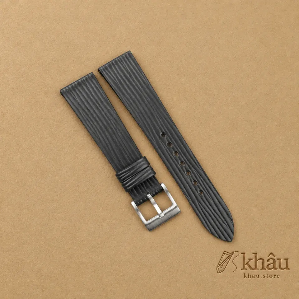 Black Calfskin Watch Strap – Waves Texture — front view