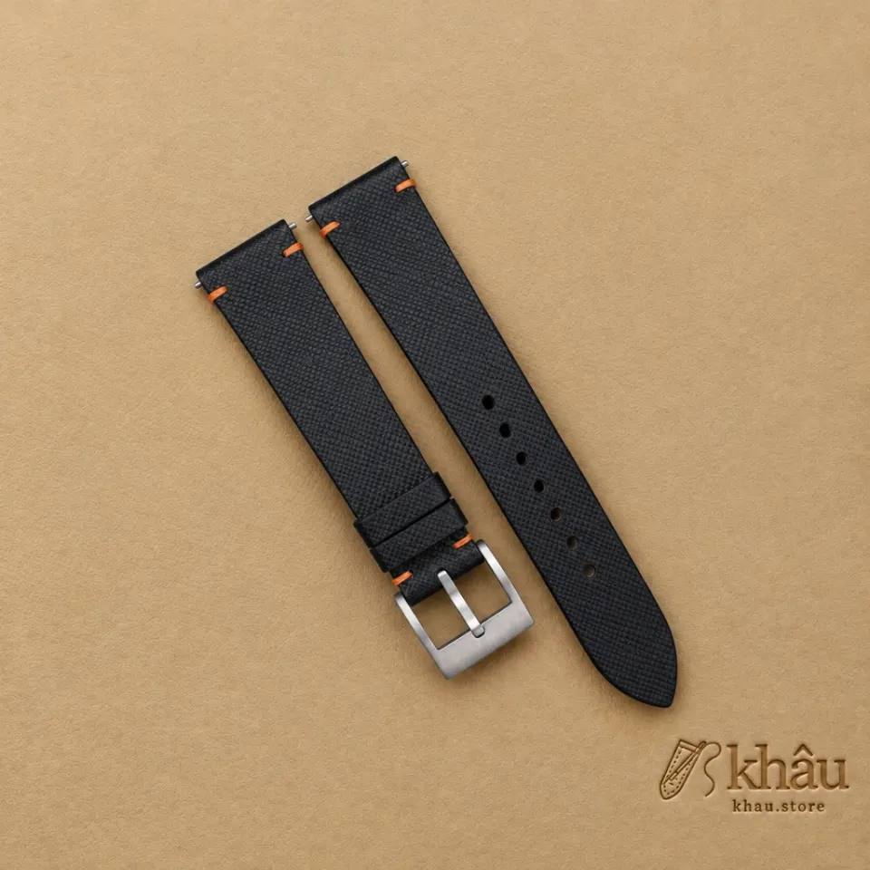Vintage Black Saffiano Leather Side-Stitch Watch Strap — front view
