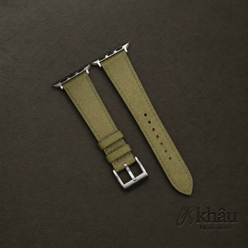 Olive Saffiano Leather Apple Watch Band — front view