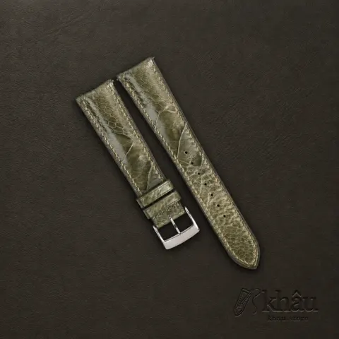 Curved End Olive Ostrich Leg Leather Watch Strap — front view