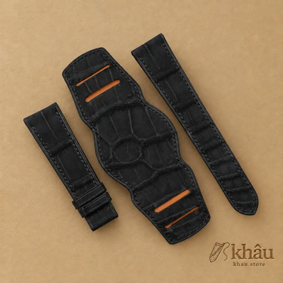 Black Nubuck Alligator Leather Bund Strap — front view
