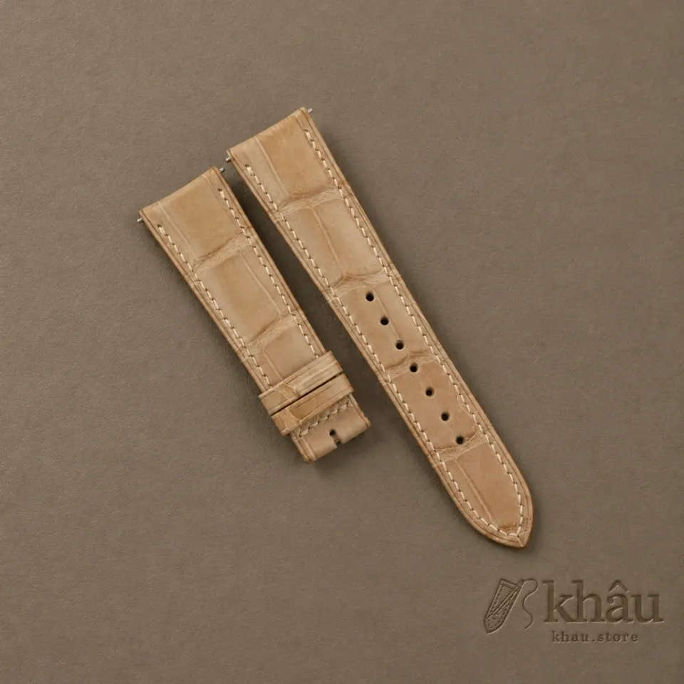 Beige Alligator Leather Curved End Folded Edges Watch Strap — front view