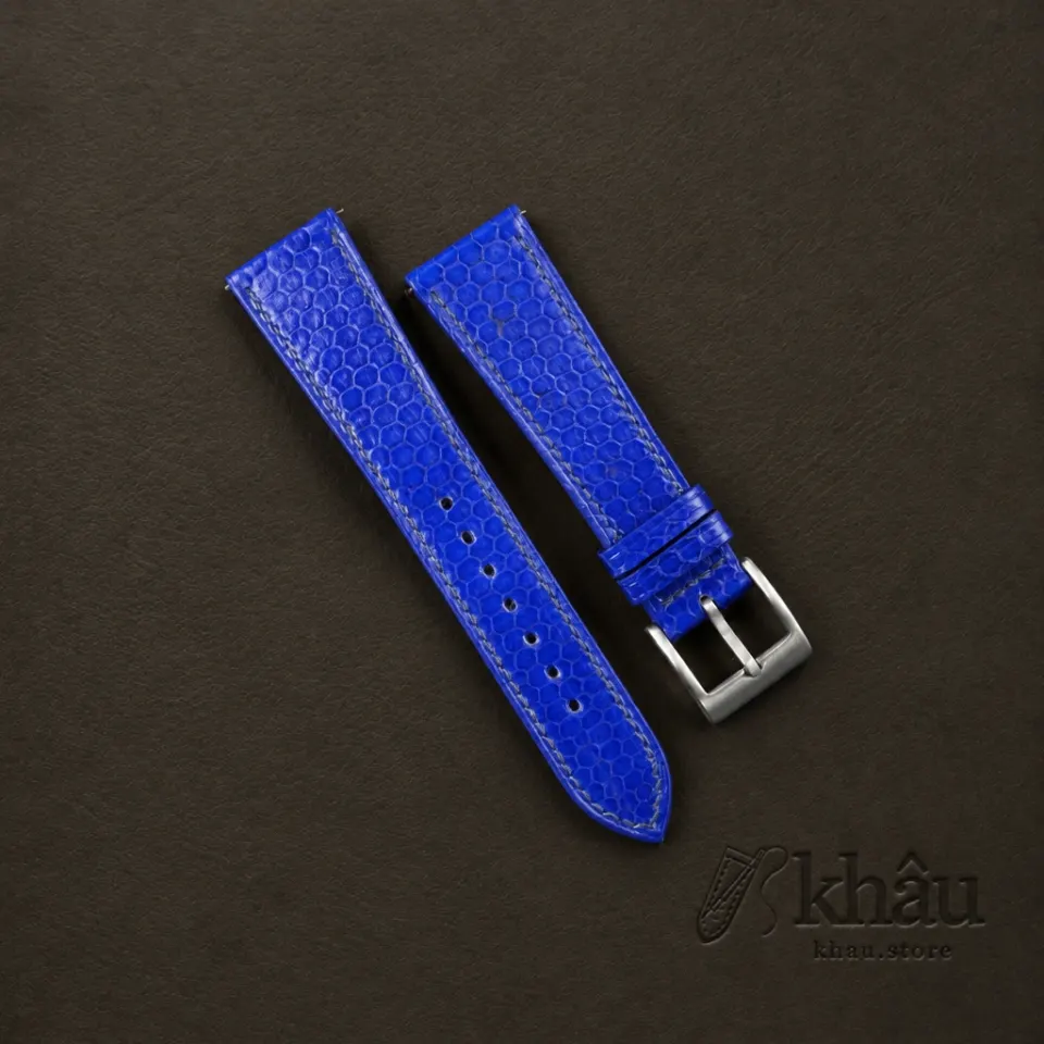 Electric Blue Snake Sea Leather Watch Strap — front view