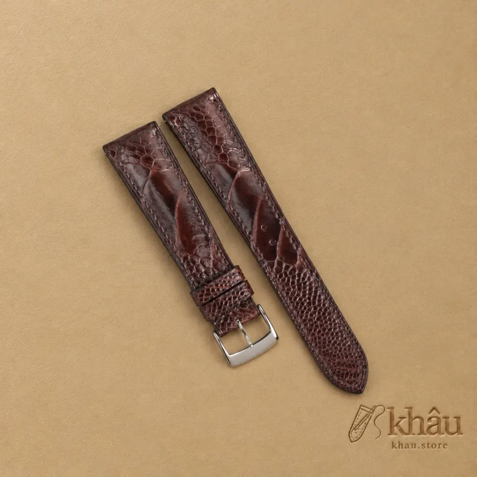 Curved End Dark Brown Ostrich Leg Leather Watch Strap — front view