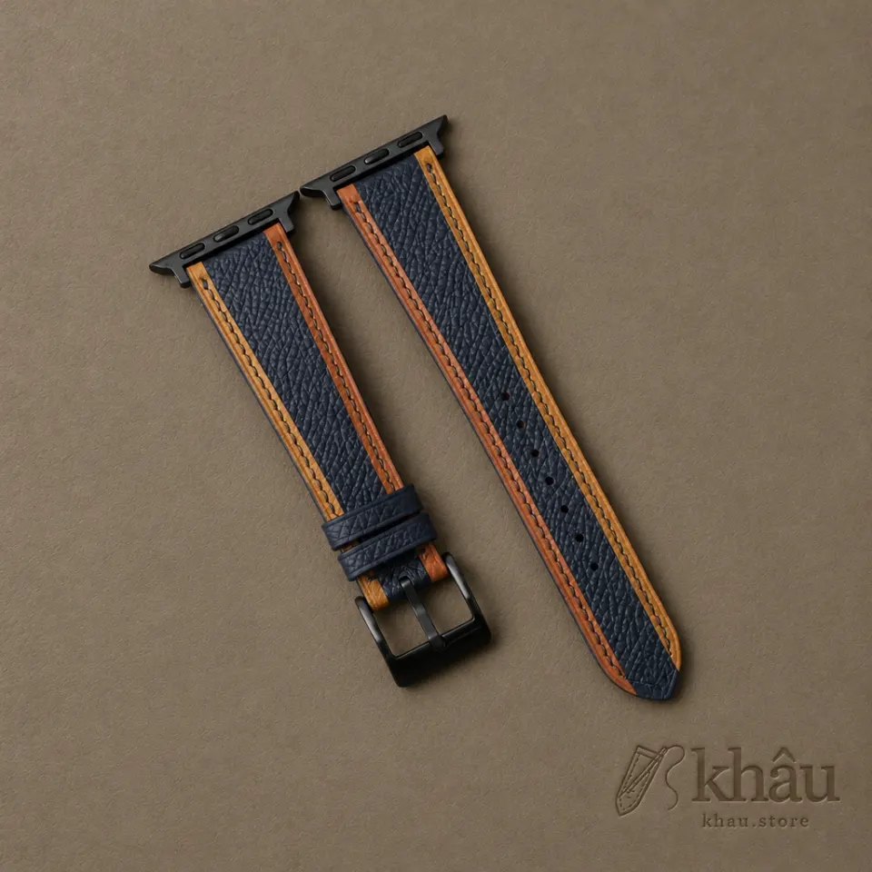 Tricolor Navy Epsom Leather Apple Watch Band — front view