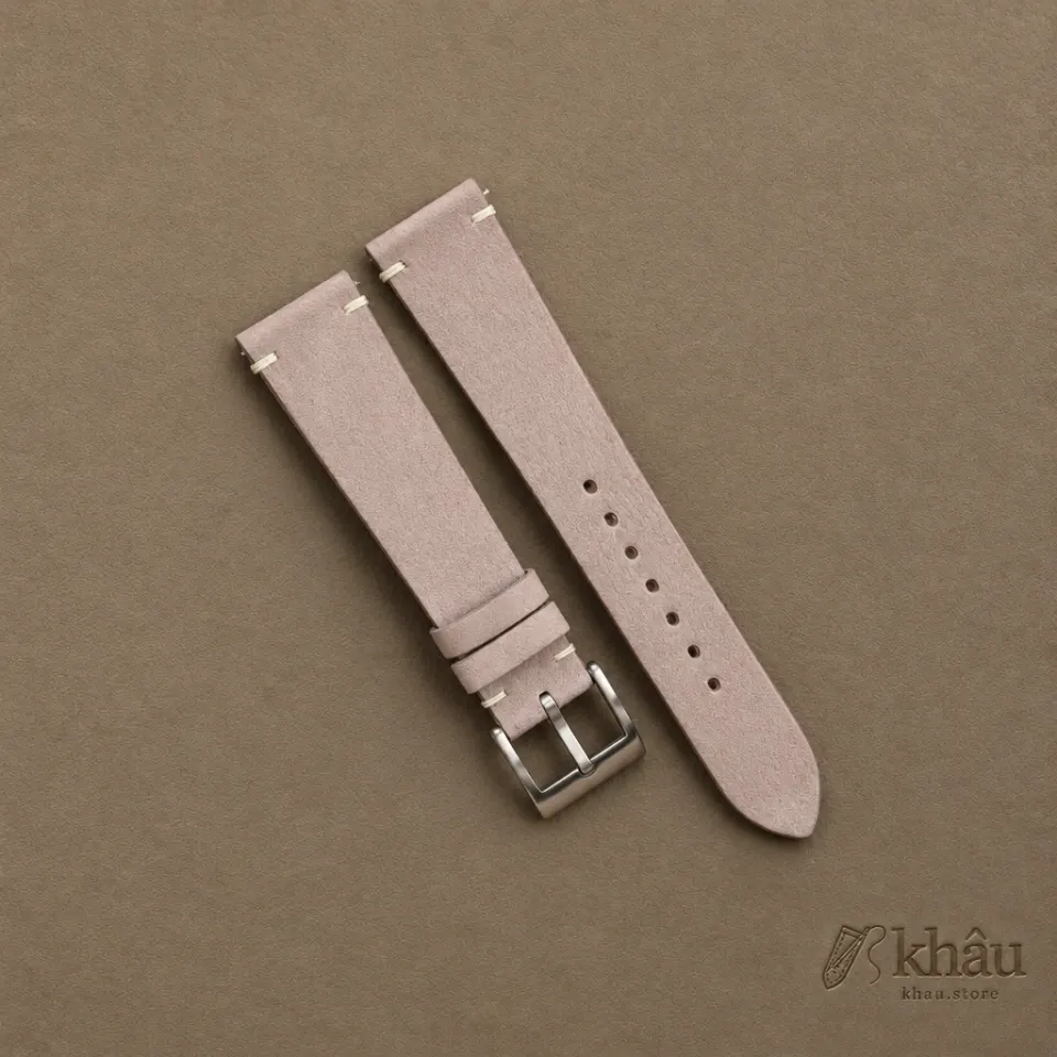 Vintage Pinkish Grey Nubuck Leather Side-Stitch Watch Strap — front view