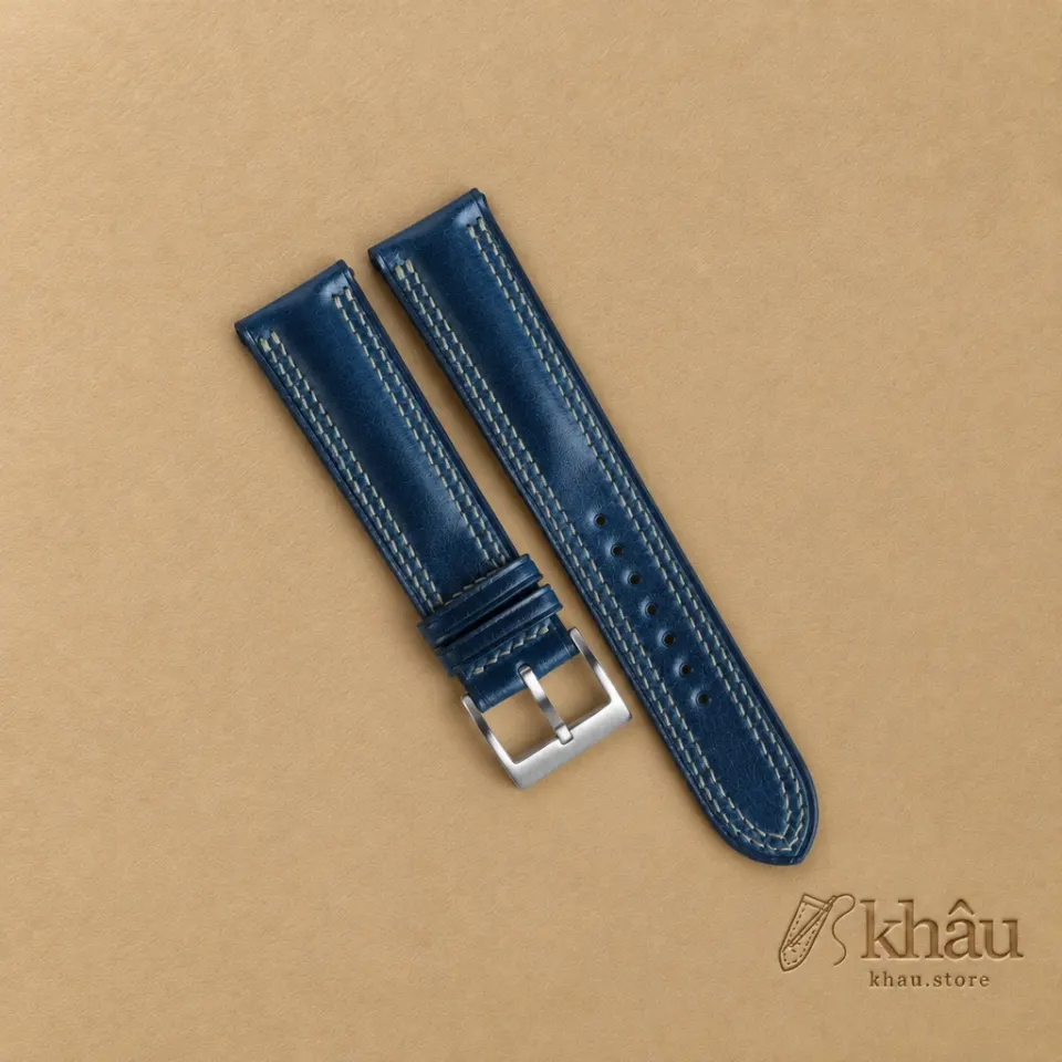 Padded Dark Blue Shell Cordovan Lining Olive Epsom Leather Watch Strap — front view