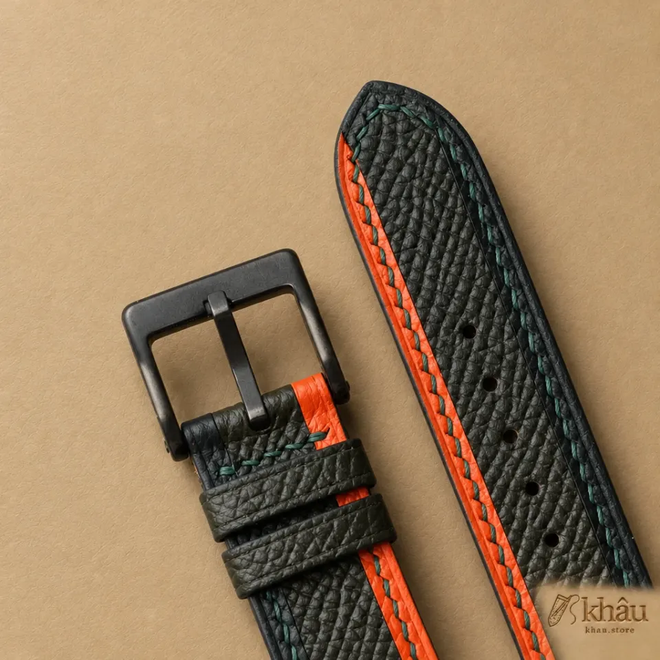 Tricolor Olive Epsom Leather Watch Strap — detail view