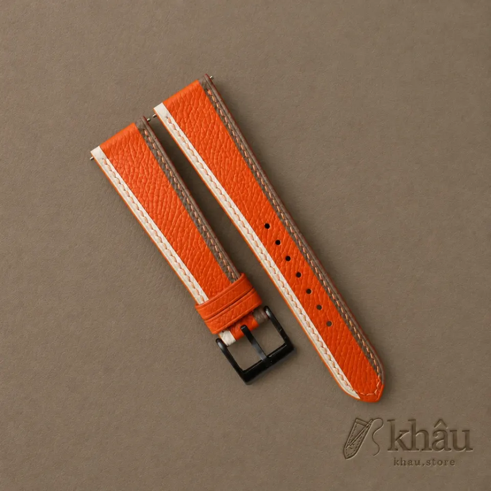 Tricolor Orange Epsom Leather Watch Strap — front view
