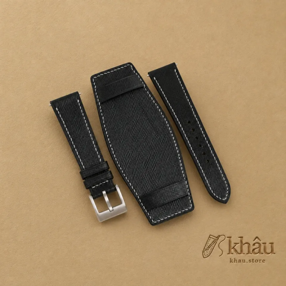 Black Saffiano Leather Bund Strap — front view