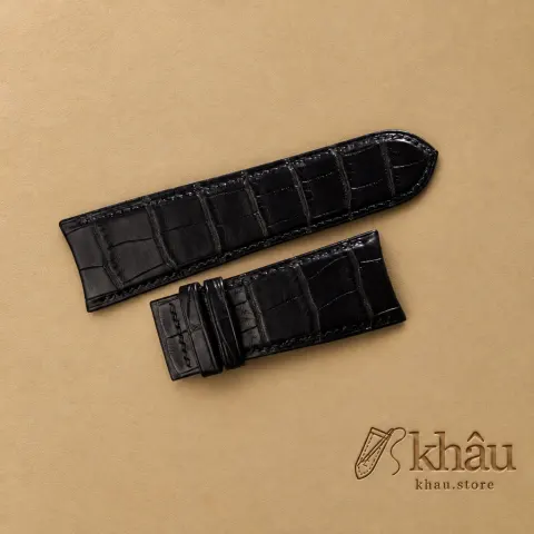 Curved End Black Alligator Folded Edge Lining Alligator Leather Watch Strap — front view
