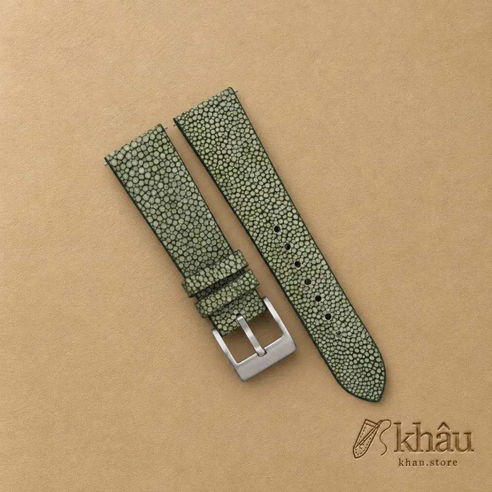Vintage Olive Stingray Lining Pearl White Epsom Leather Watch Strap — front view