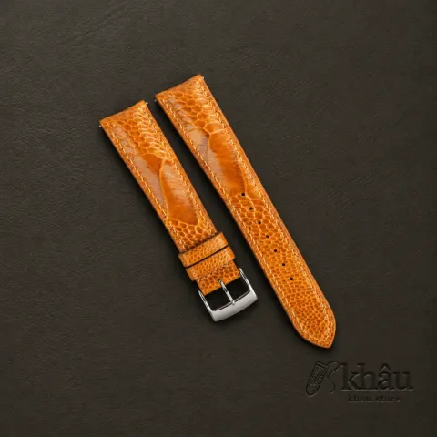 Curved End Cognac Ostrich Leg Leather Watch Strap — front view
