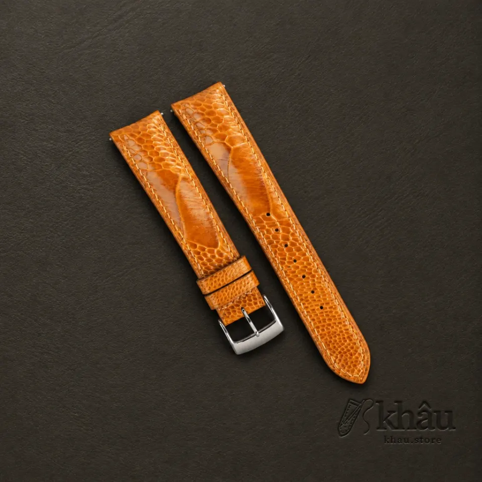 Curved End Cognac Ostrich Leg Leather Watch Strap — front view