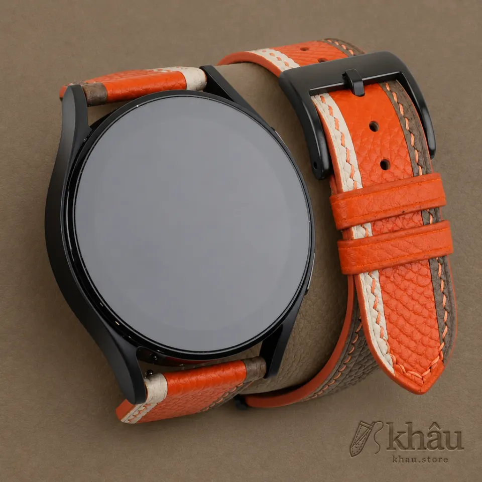 Tricolor Orange Epsom Leather Samsung Watch Band — front view