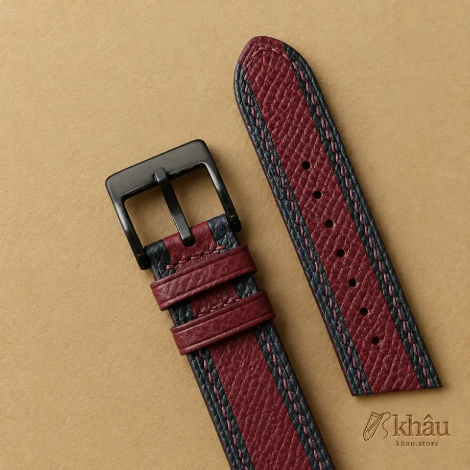 Tricolor Burgundy Epsom Leather Watch Strap — detail view