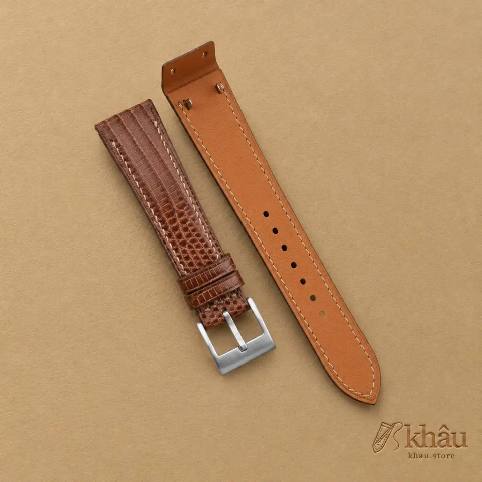 Chocolate Lizard Leather Fixed Bars Watch Strap — front view